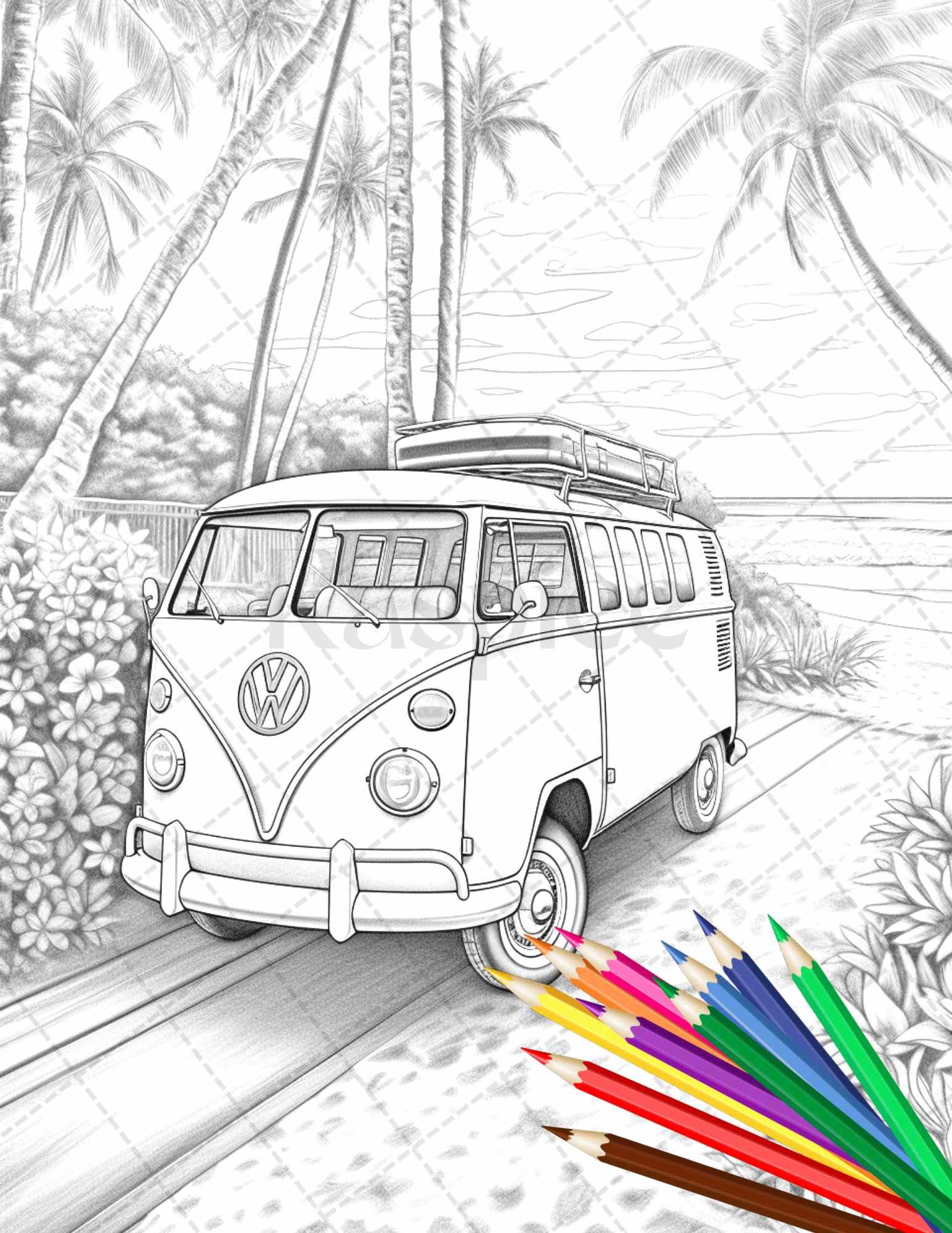 30 Campervan Adventure Grayscale Coloring Pages Printable for Adults, PDF File Instant Download