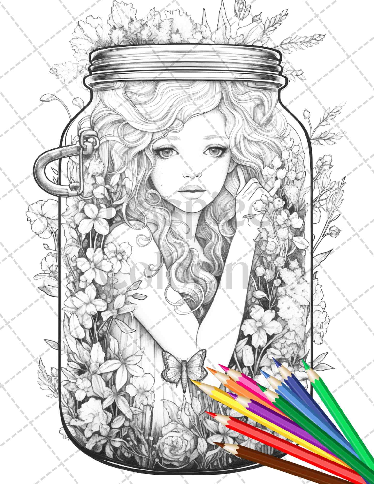 40 Beautiful Fairies in Jar Grayscale Coloring Pages Printable for Adults, PDF File Instant Download