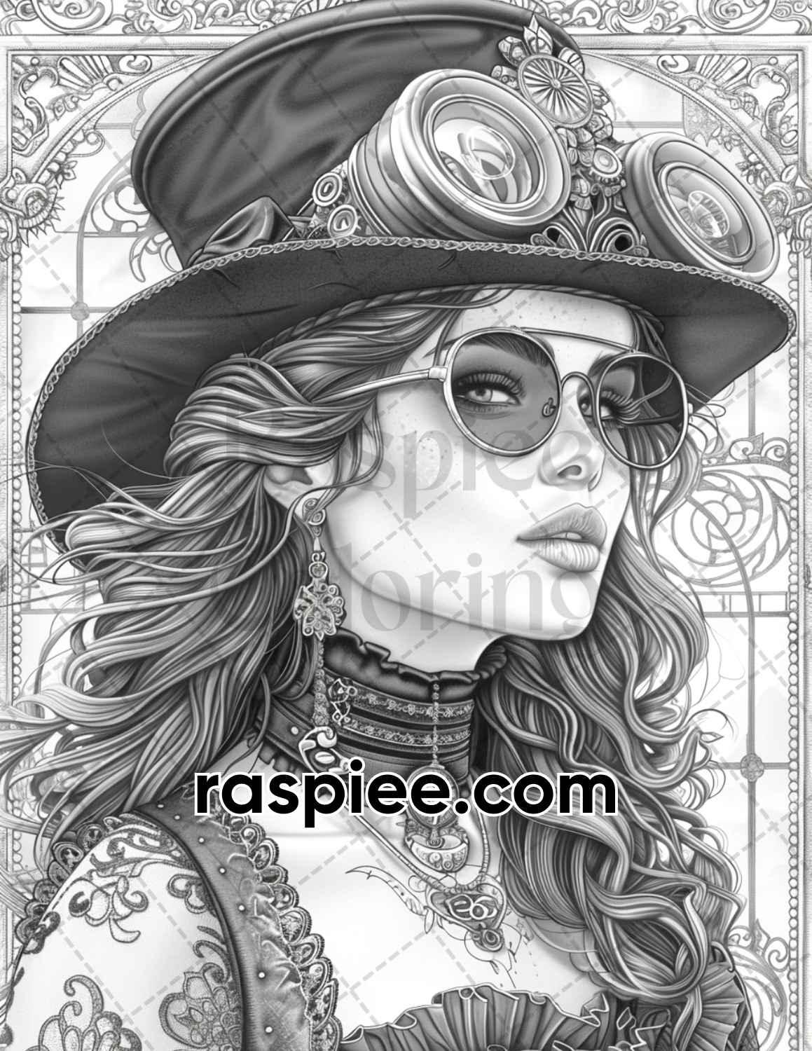 65 Gothic Steampunk Girls Grayscale Adult Coloring Pages, Printable PDF Instant Download