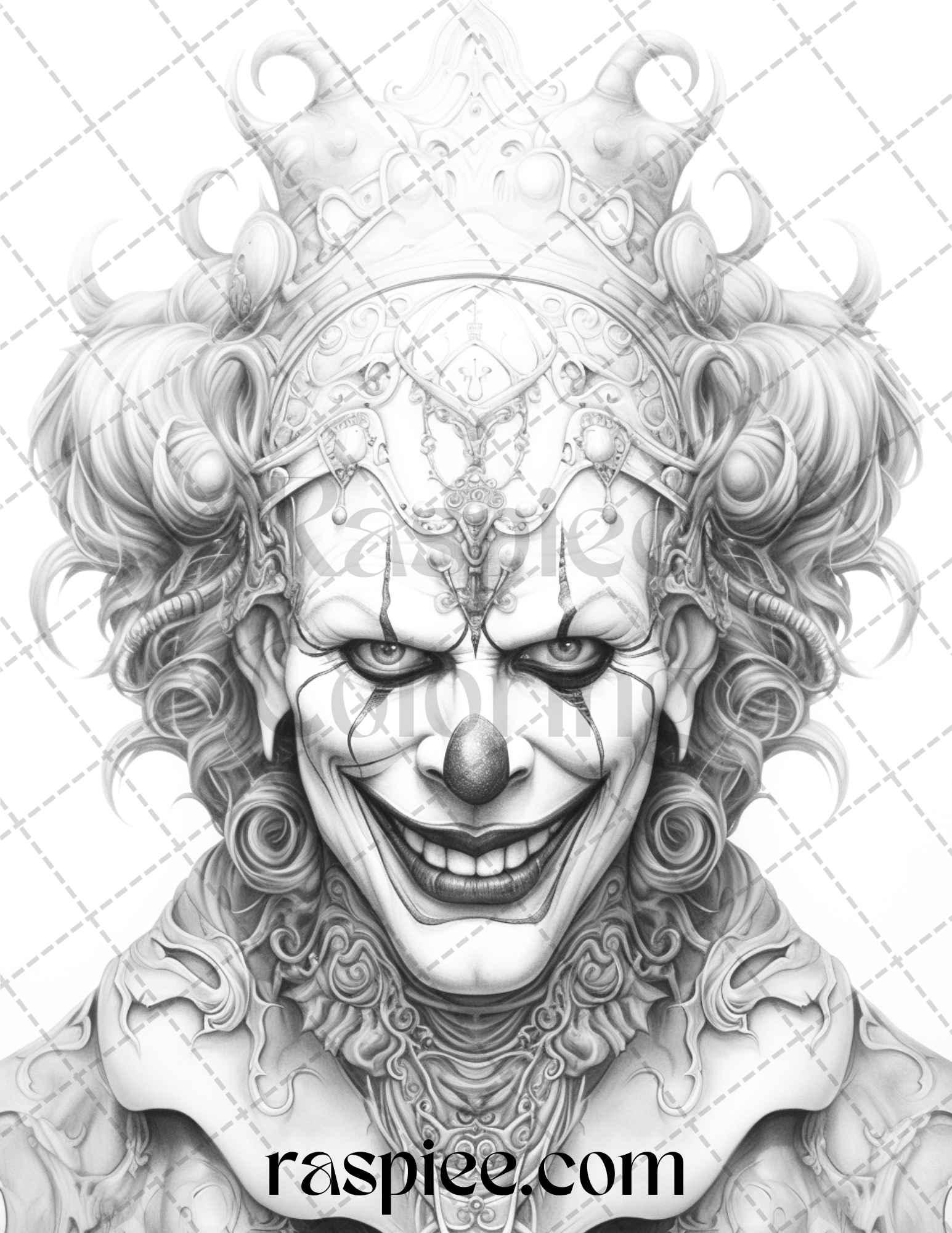 40 Spooky Clowns Grayscale Coloring Pages Printable for Adults, PDF File Instant Download