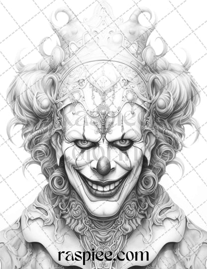 40 Spooky Clowns Grayscale Coloring Pages Printable for Adults, PDF File Instant Download