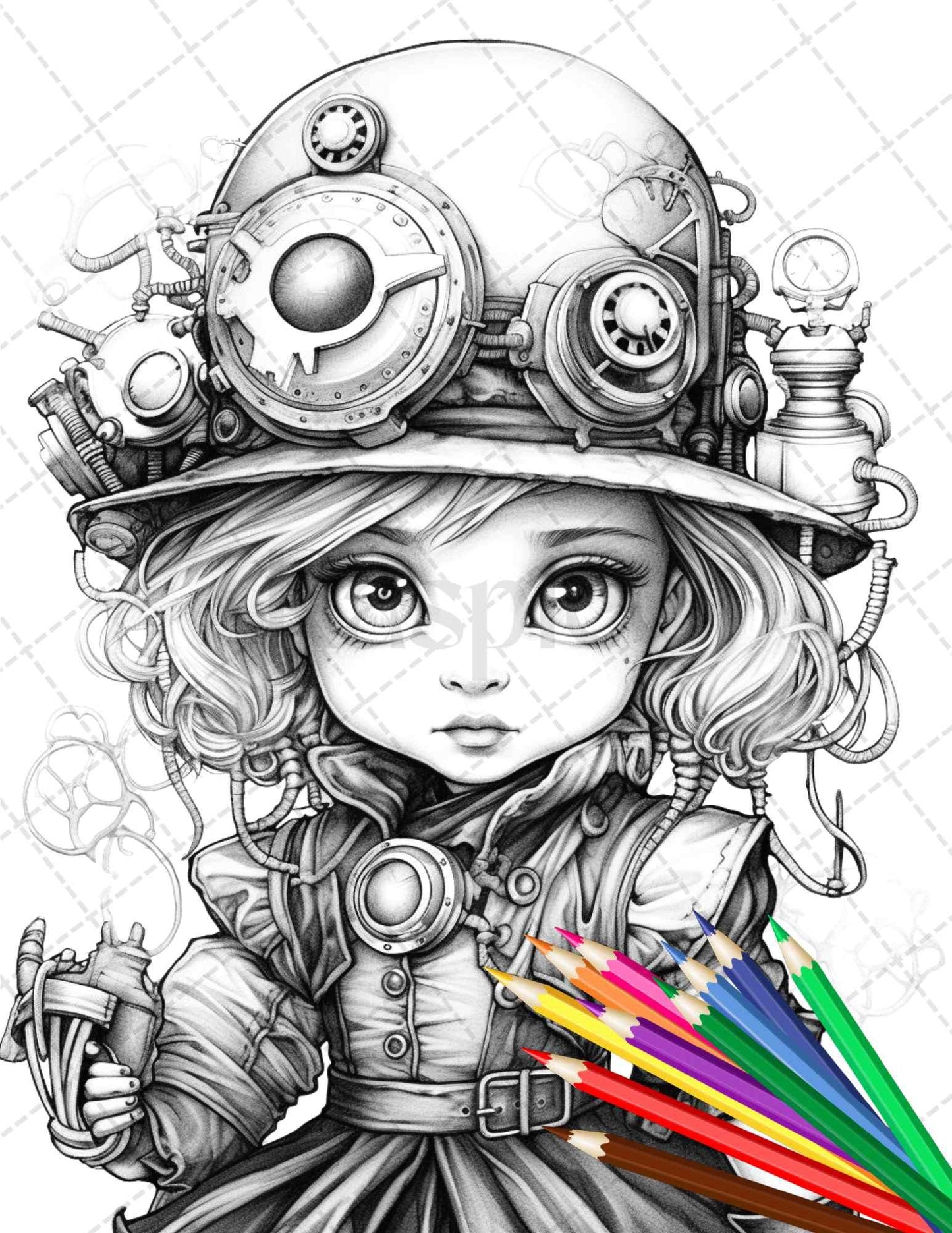 31 Adorable Steampunk Girls Coloring Pages Printable for Adults, Grayscale Coloring Page, PDF File Instant Download