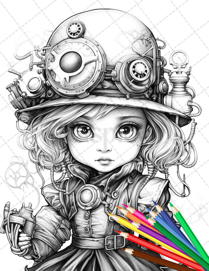 31 Adorable Steampunk Girls Coloring Pages Printable for Adults, Grayscale Coloring Page, PDF File Instant Download