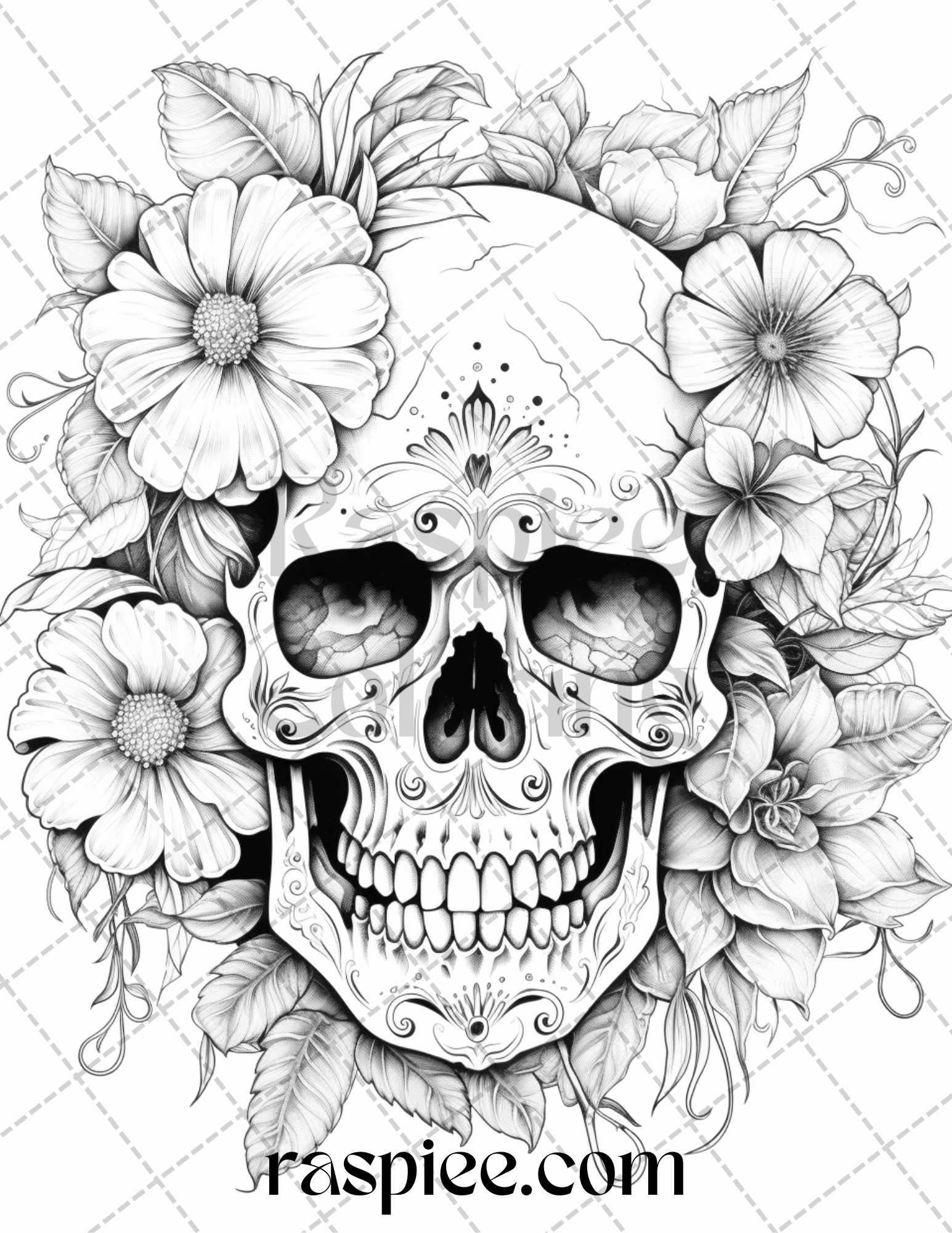 42 Floral Skull Grayscale Coloring Pages for Adults, Stress Relief Coloring Sheets, Printable PDF File Instant Download