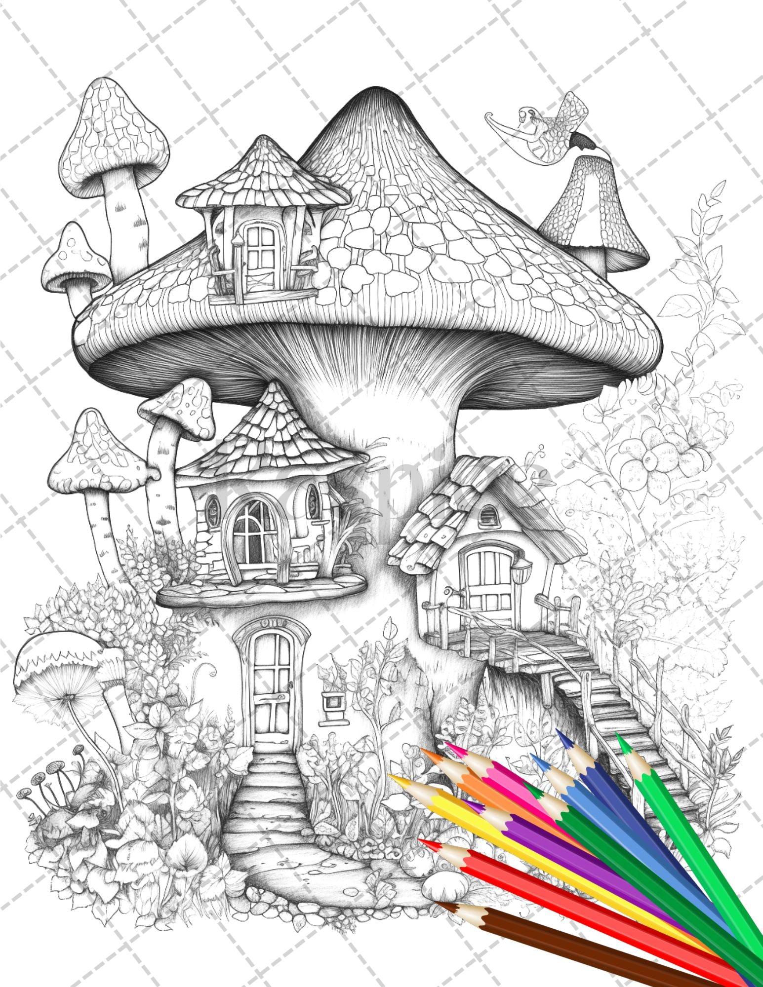 32 Whimsical Mushroom House Coloring Pages for Adults, Grayscale Coloring Book, Printable PDF File Download