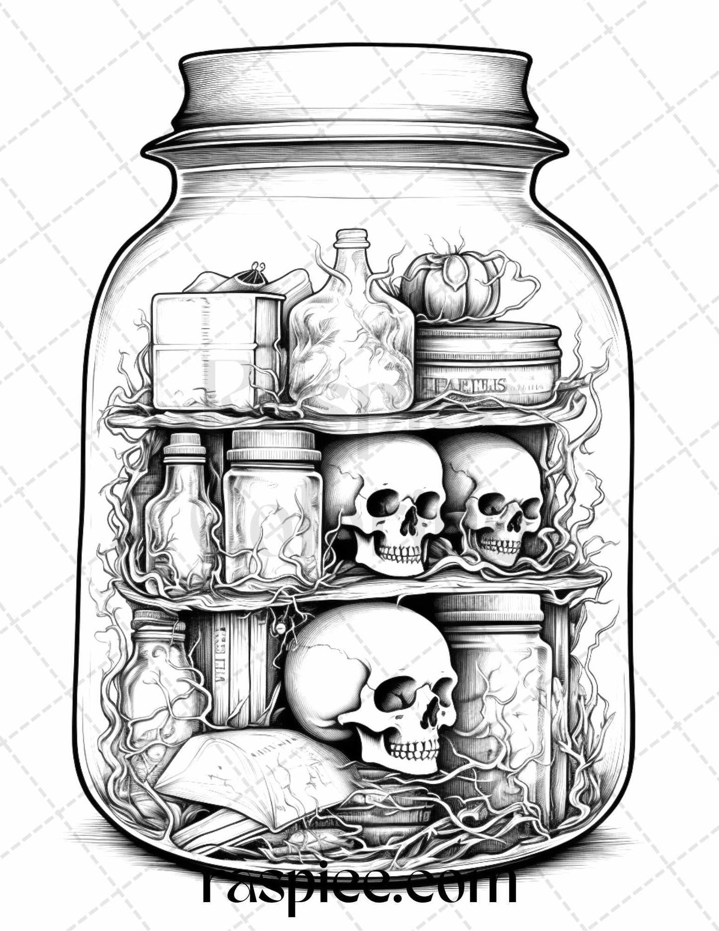 40 Halloween in Jar Grayscale Coloring Pages for Adults, Printable PDF File Instant Download