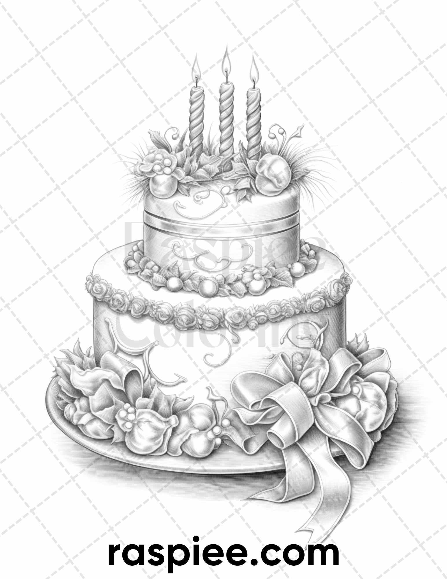 45 Christmas Cakes Grayscale Coloring Pages for Adults, Printable PDF File Instant Download