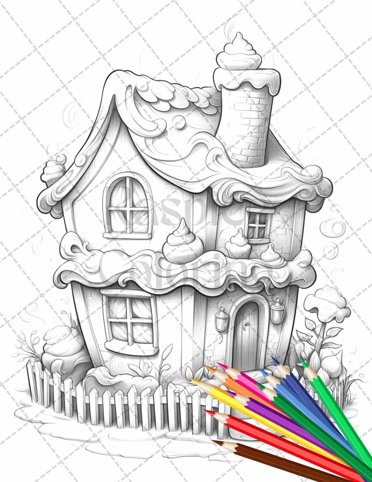 50 Adorable Cake Houses Grayscale Coloring Pages Printable for Adults and Kids, PDF File Instant Download