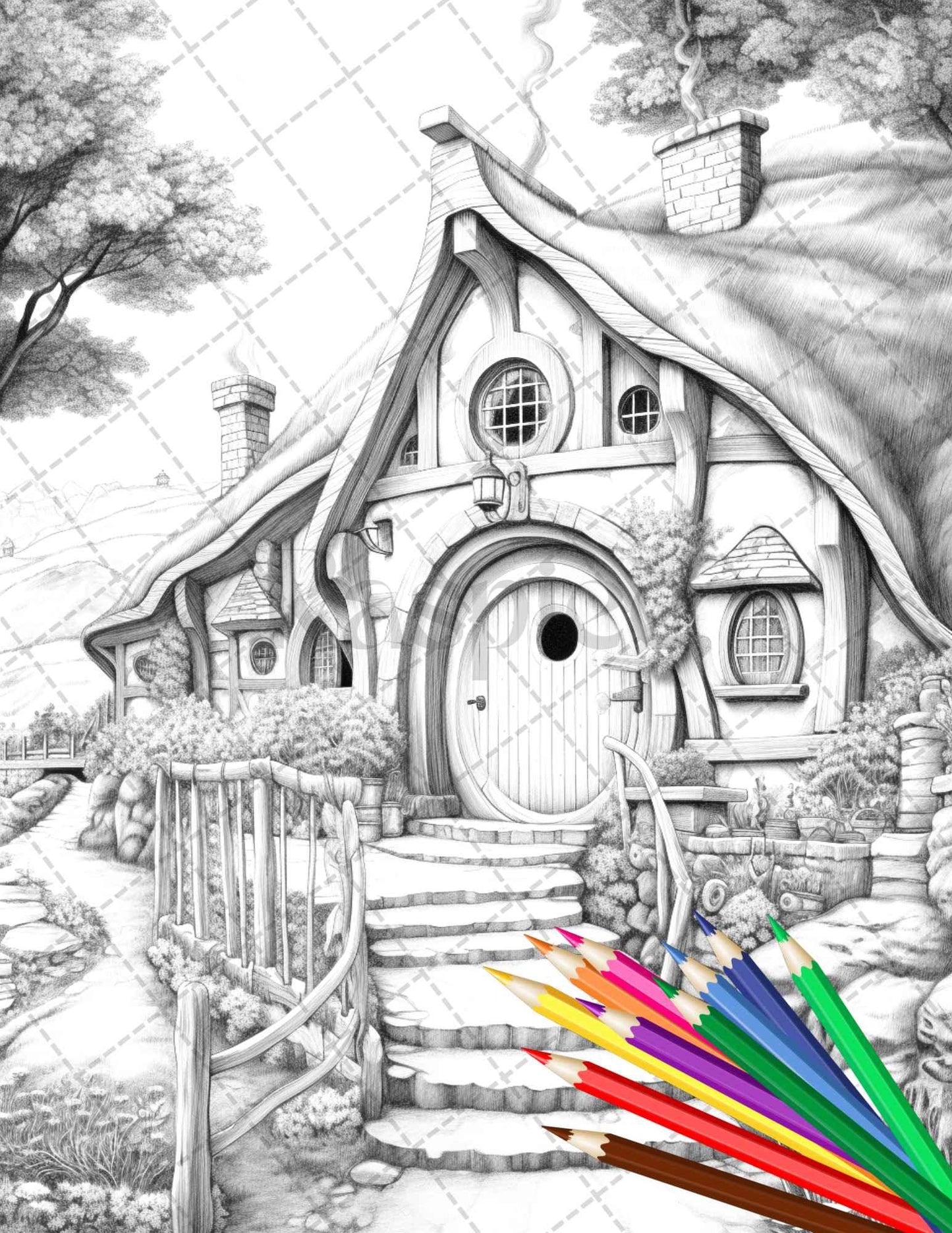 43 Enchanted Hobbiton Houses Grayscale Coloring Pages Printable for Adults, PDF File Instant Download