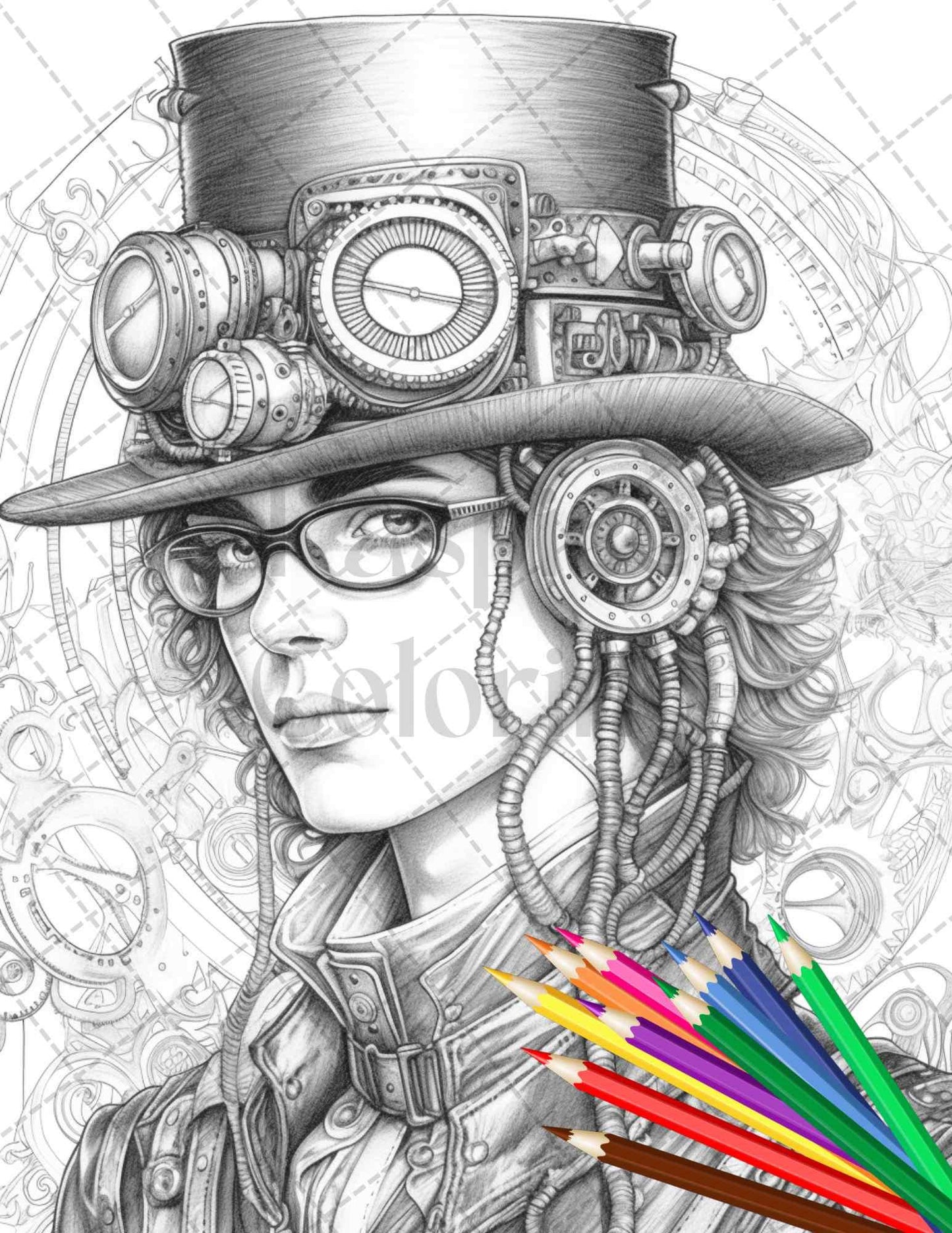 42 Steampunk Mens Grayscale Coloring Pages Printable for Adults, PDF File Instant Download