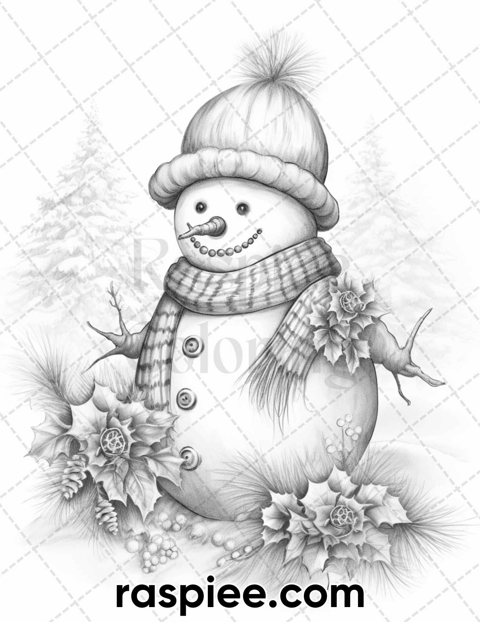 40 Chistmas Snowman Grayscale Coloring Pages for Adults, Printable PDF Instant Download