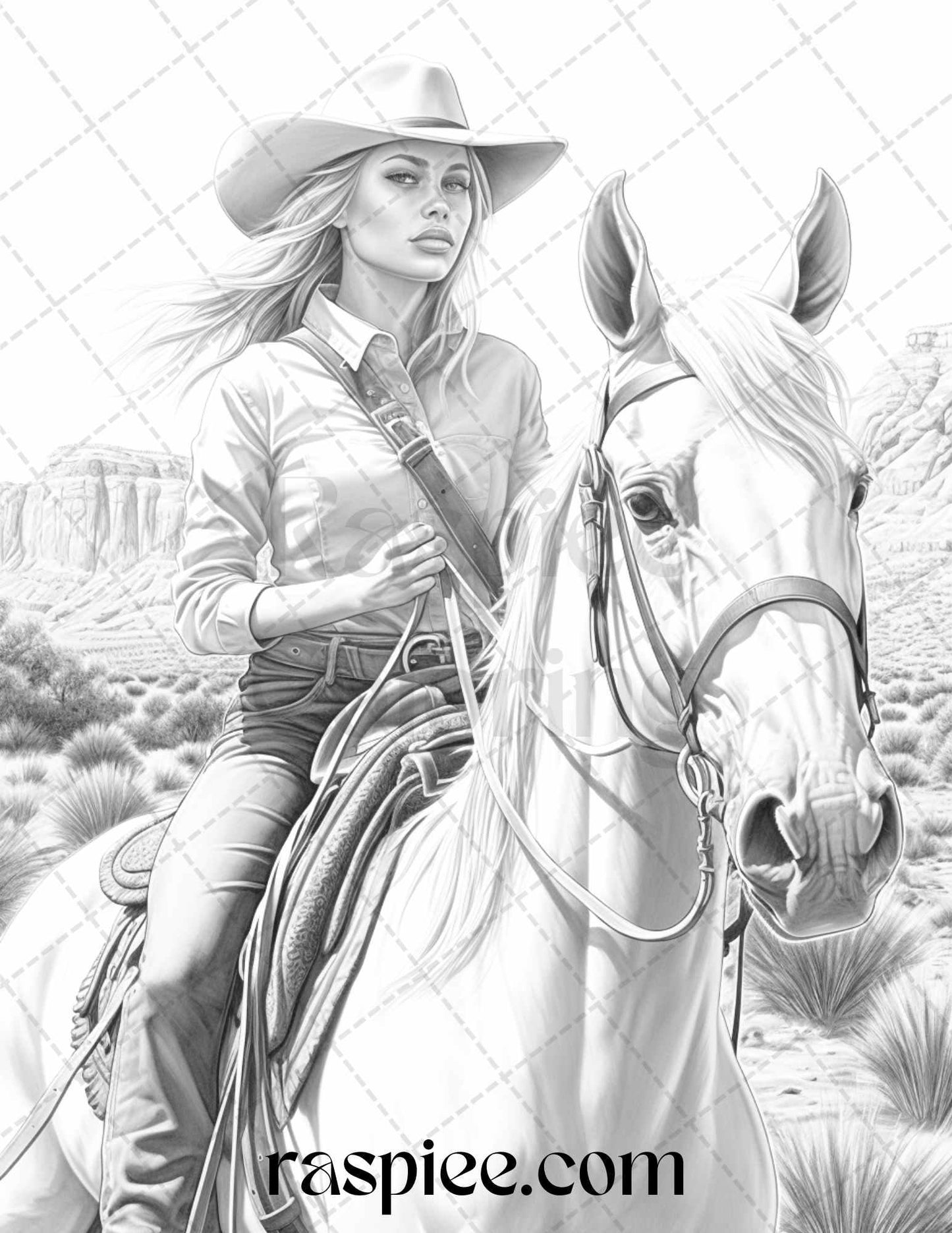 40 Beautiful Cowgirls Grayscale Coloring Pages Printable for Adults, PDF File Instant Download