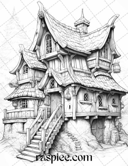 40 Viking Houses Grayscale Coloring Pages Printable for Adults, PDF File Instant Download