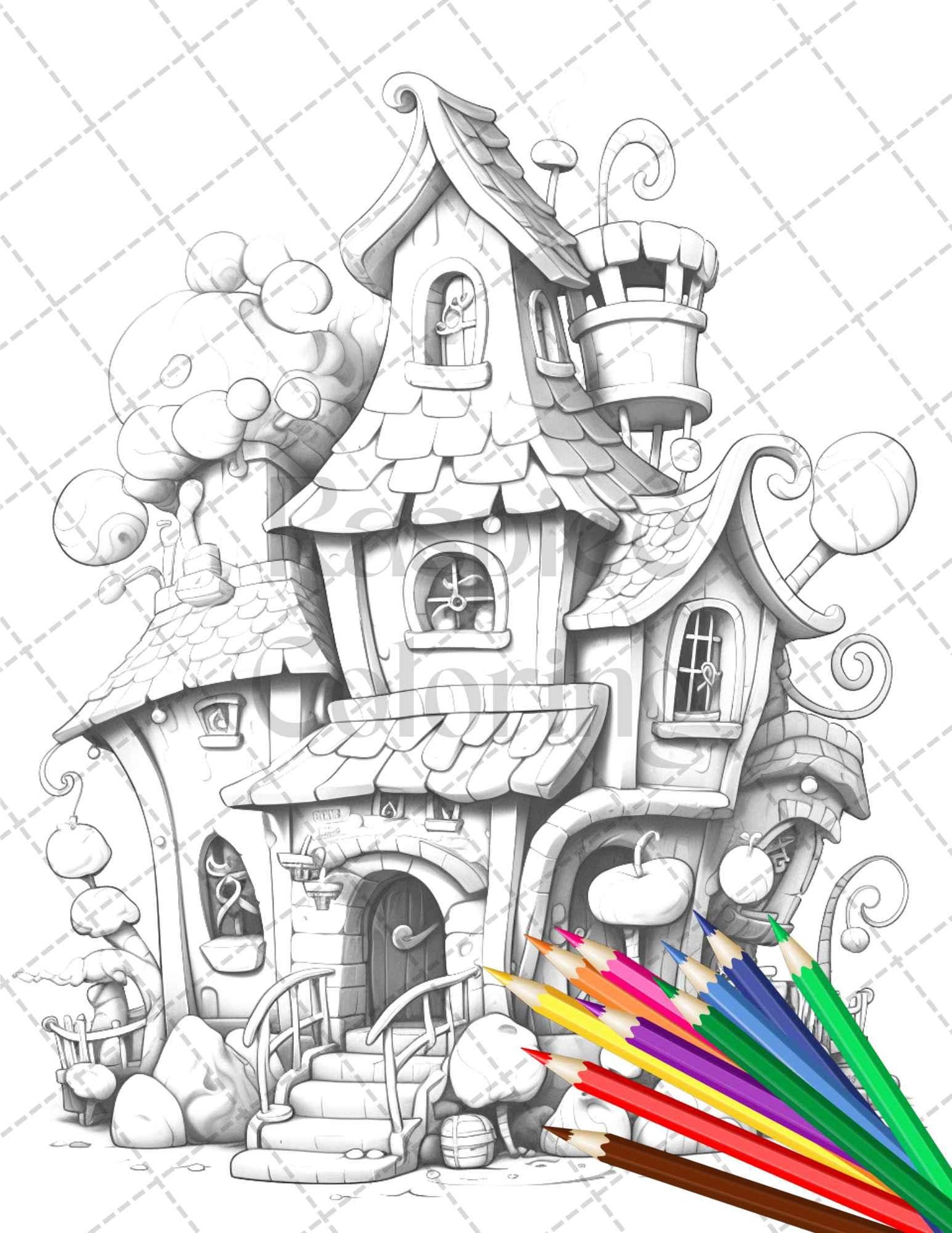 33 Ice Cream Houses Grayscale Coloring Pages Printable for Adults and Kids, PDF File Instant Download