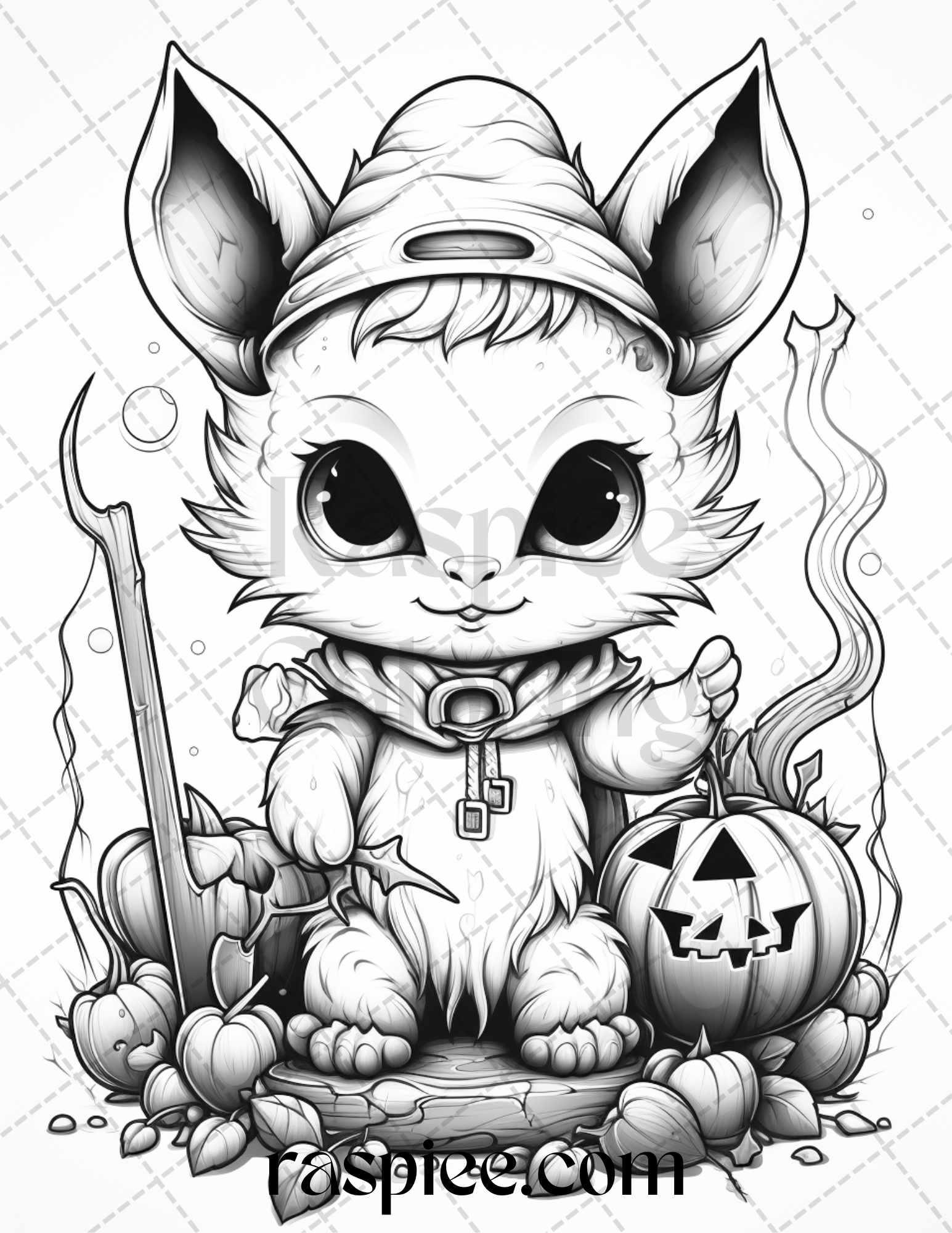 40 Halloween Creepy Kawaii Grayscale Coloring Pages for Adults and Kids, Printable PDF File Instant Download