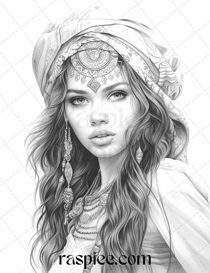 40 Beautiful Gypsy Girls Grayscale Coloring Pages Printable for Adults, PDF File Instant Download