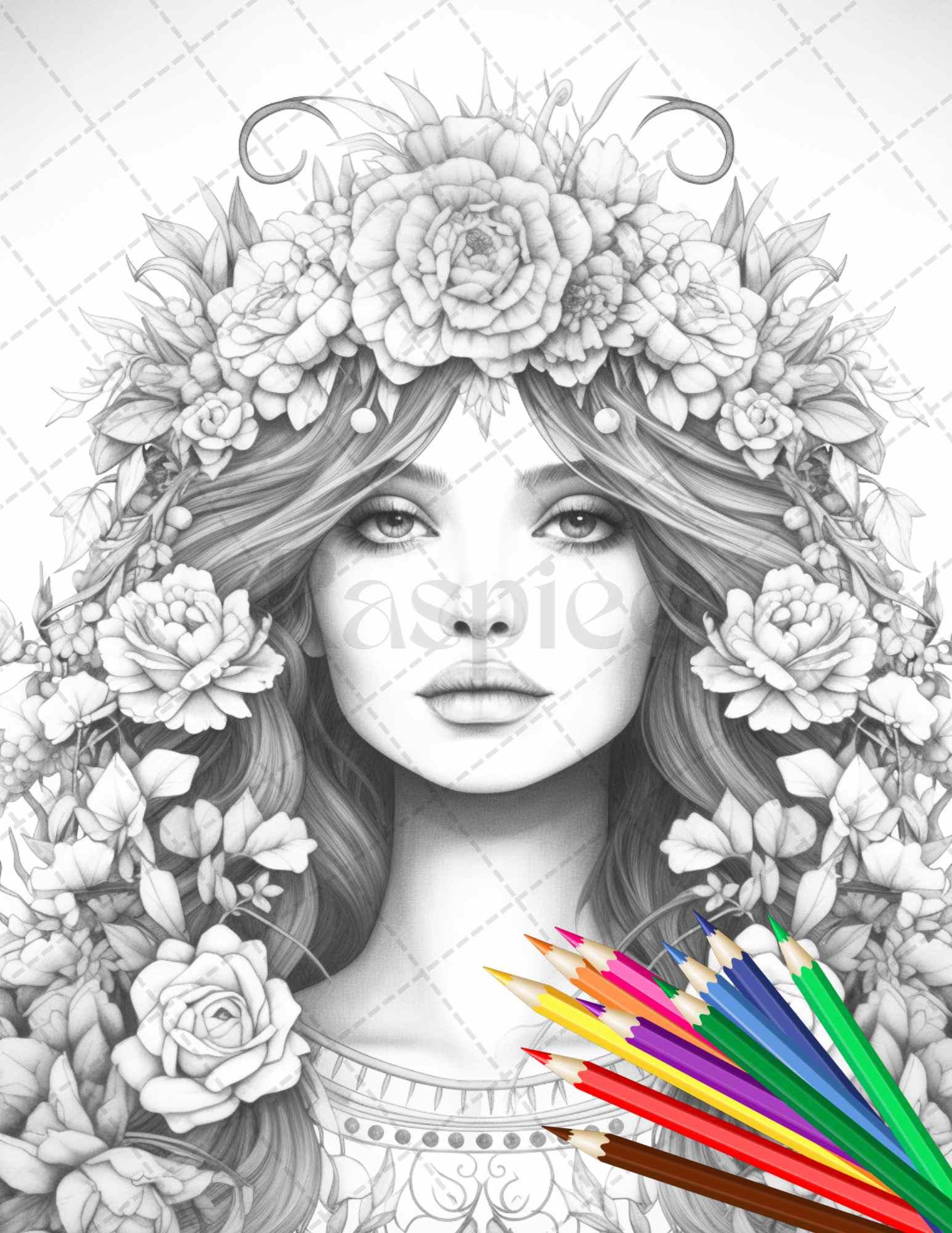 38 Flower Goddess Coloring Pages Printable for Adults, Grayscale Coloring Page, PDF File Instant Download