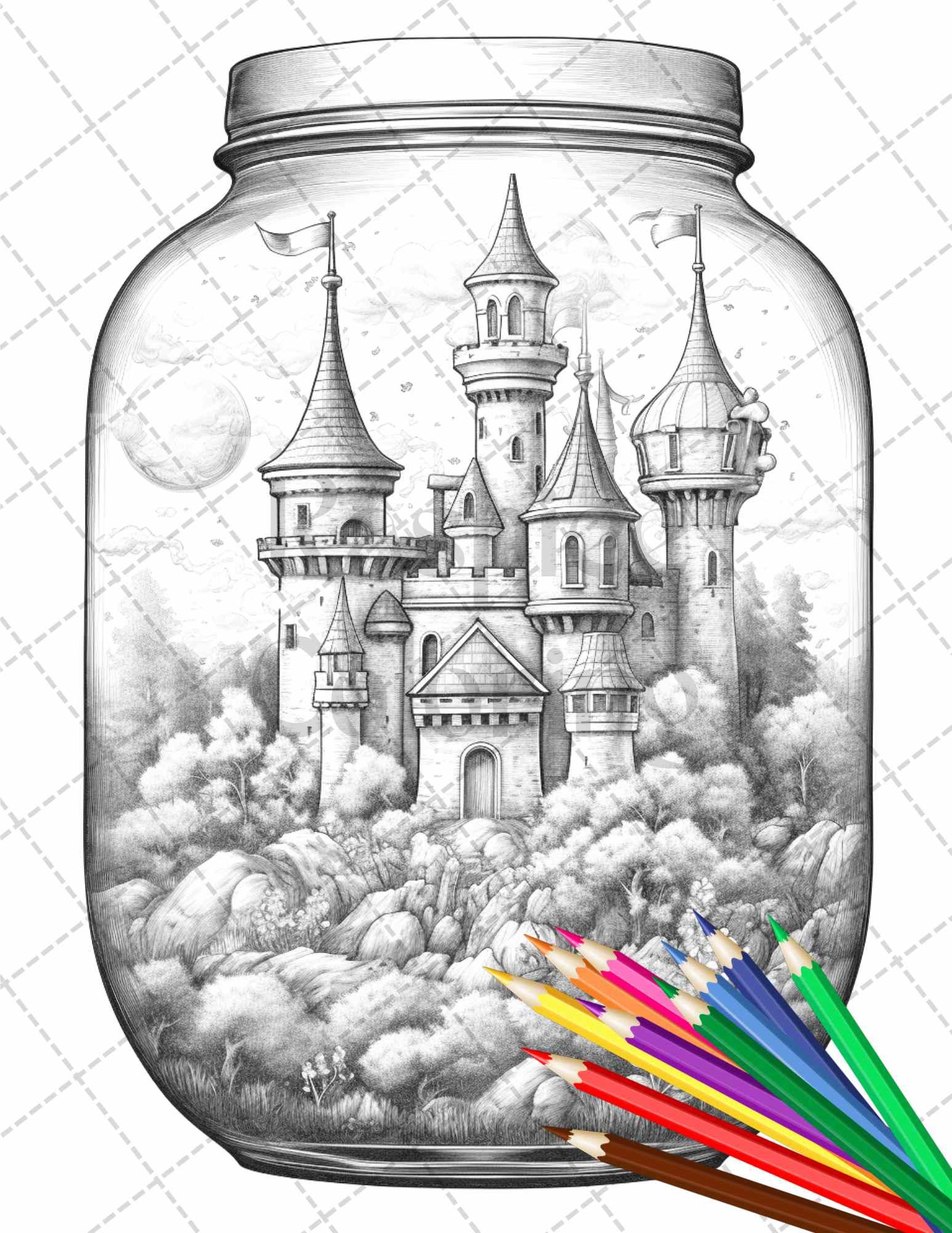 42 Fantasy Castle In Jar Grayscale Coloring Pages Printable for Adults, PDF File Instant Download