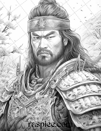 42 Japanese Samurai Grayscale Coloring Pages for Adults, Printable PDF File Instant Download