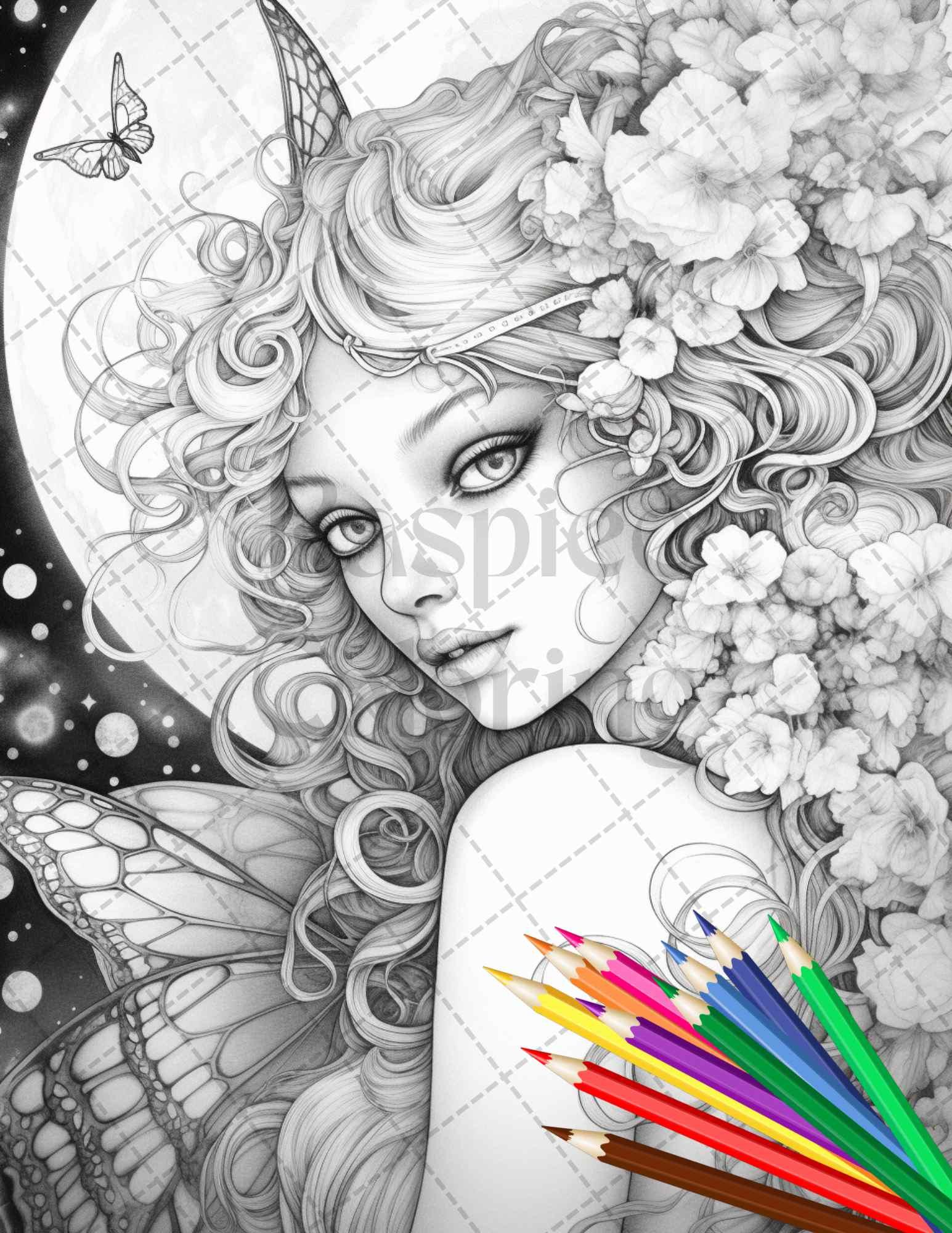 34 Beautiful Moon Fairies Grayscale Coloring Pages Printable for Adults, PDF File Instant Download