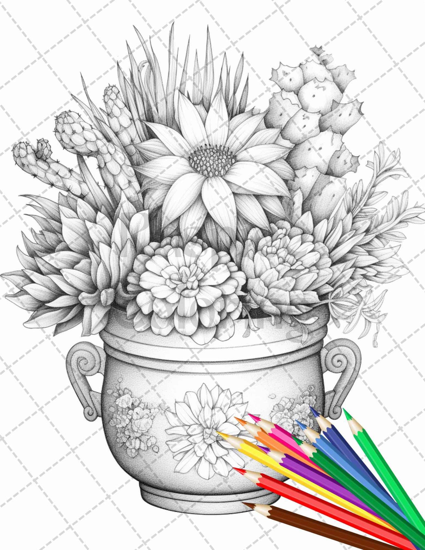 40 Charming Cactus Pots Grayscale Coloring Pages Printable for Adults, PDF File Instant Download