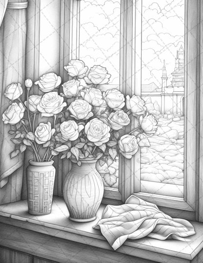 40 Captivating Roses Grayscale Coloring Pages Printable for Adults, PDF File Instant Download