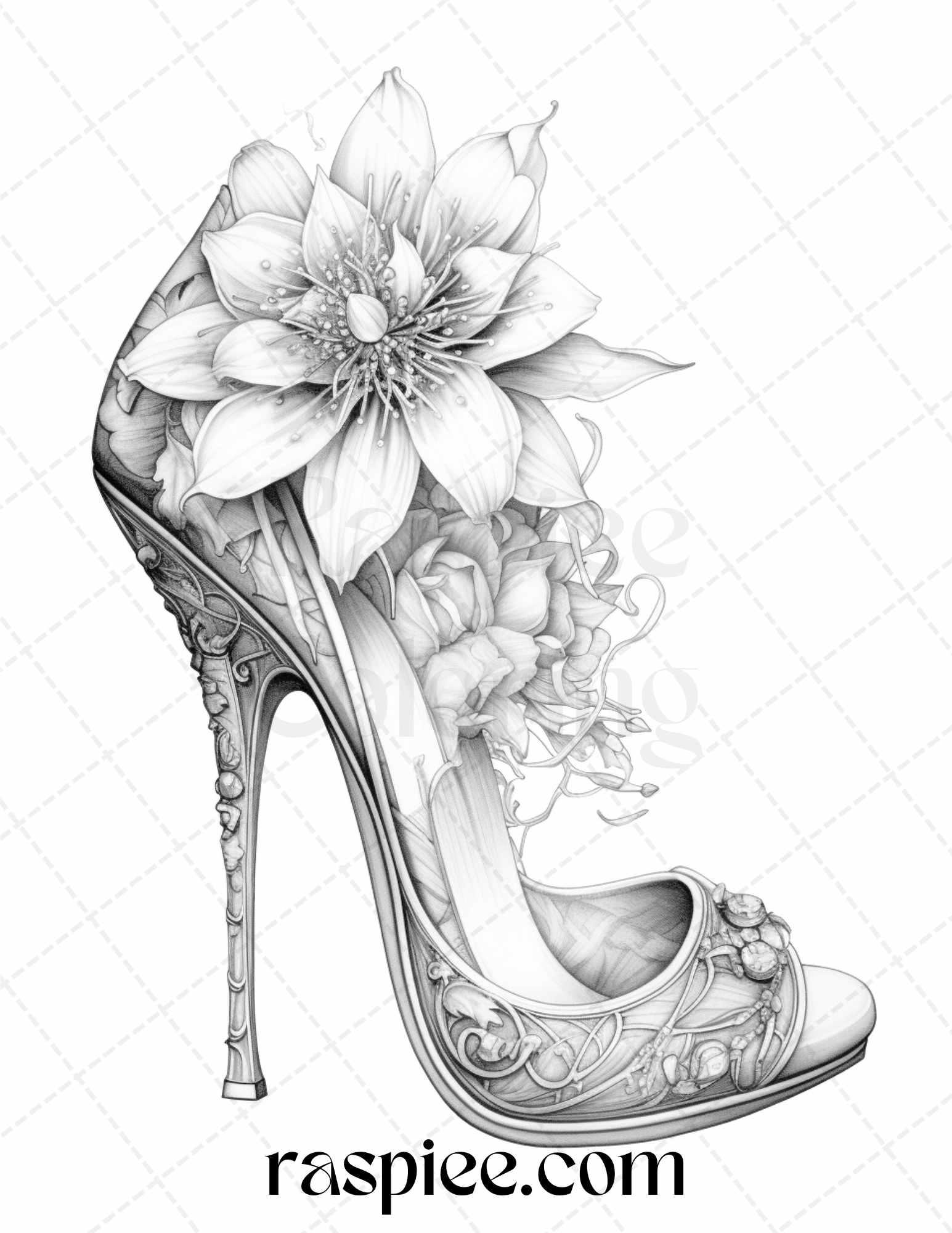 40 Flower Wedding Shoes Grayscale Coloring Pages Printable for Adults, PDF File Instant Download