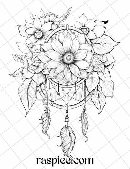 30 Flower Dreamcatcher Grayscale Coloring Pages Printable for Adults, PDF File Instant Download