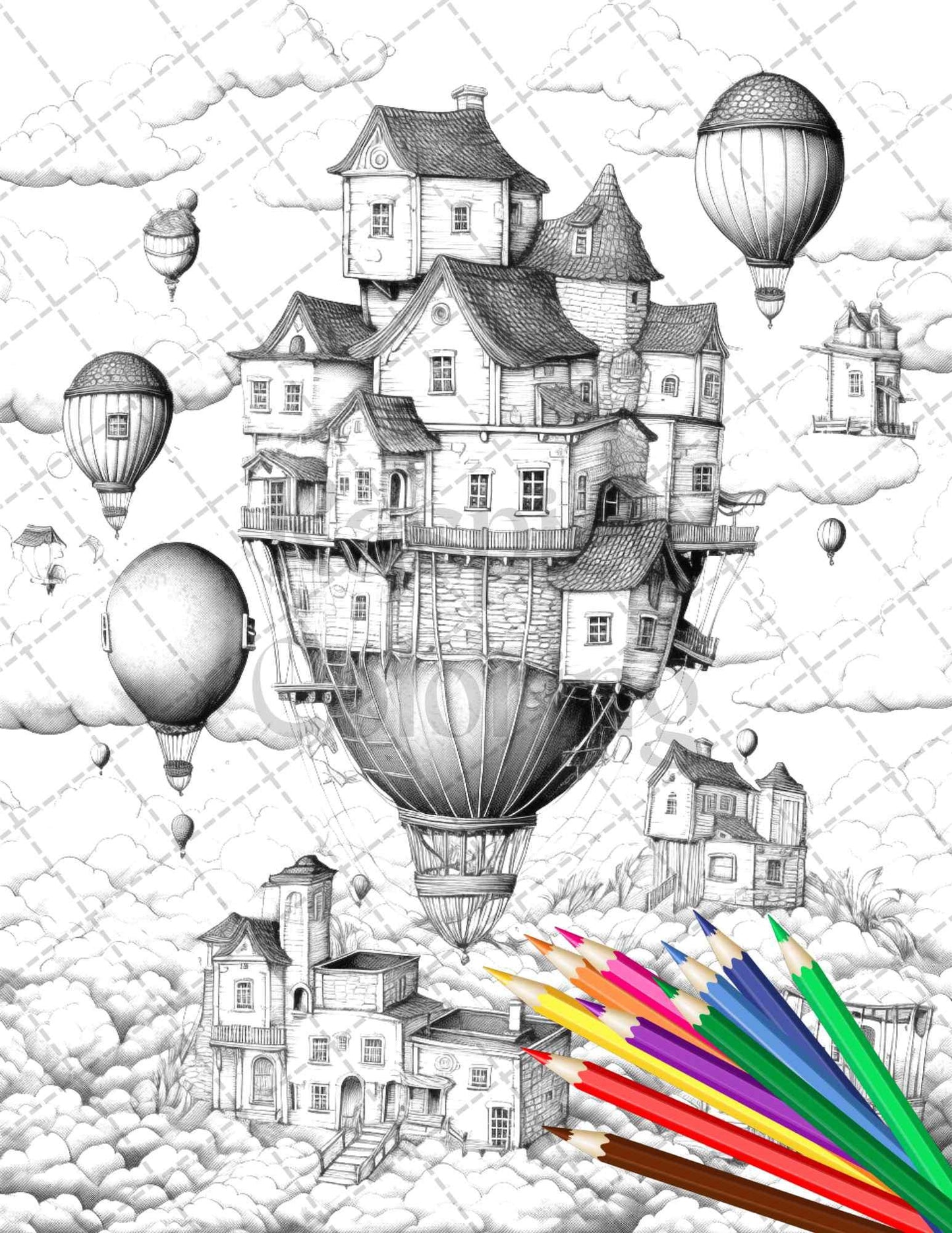 40 Fantasy Sky Houses Grayscale Coloring Pages Printable for Adults, PDF File Instant Download