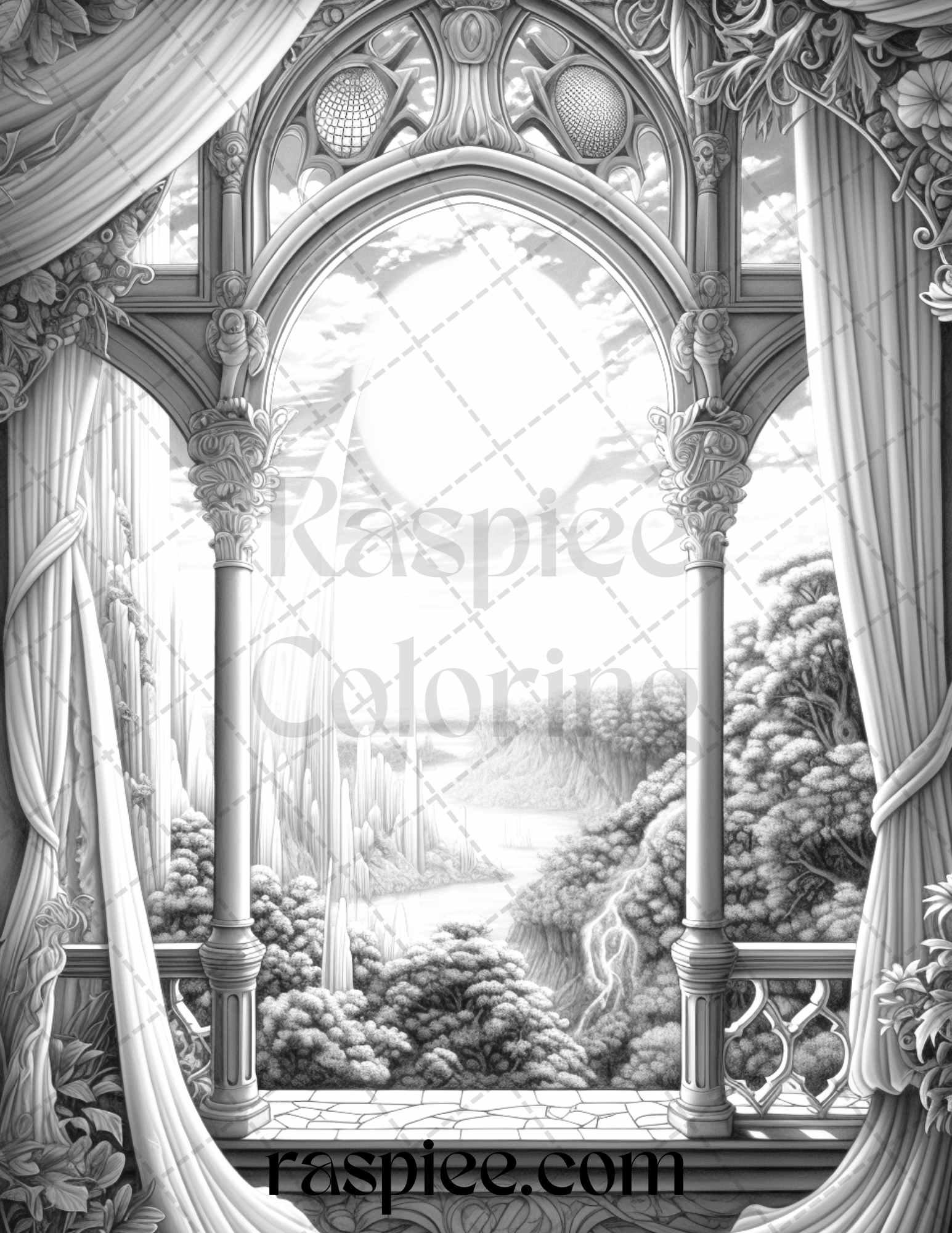 40 Window to Fantasy Worlds Grayscale Coloring Pages Printable for Adults, PDF File Instant Download