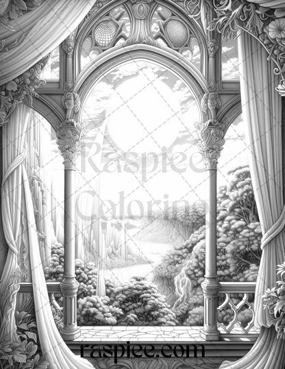 40 Window to Fantasy Worlds Grayscale Coloring Pages Printable for Adults, PDF File Instant Download