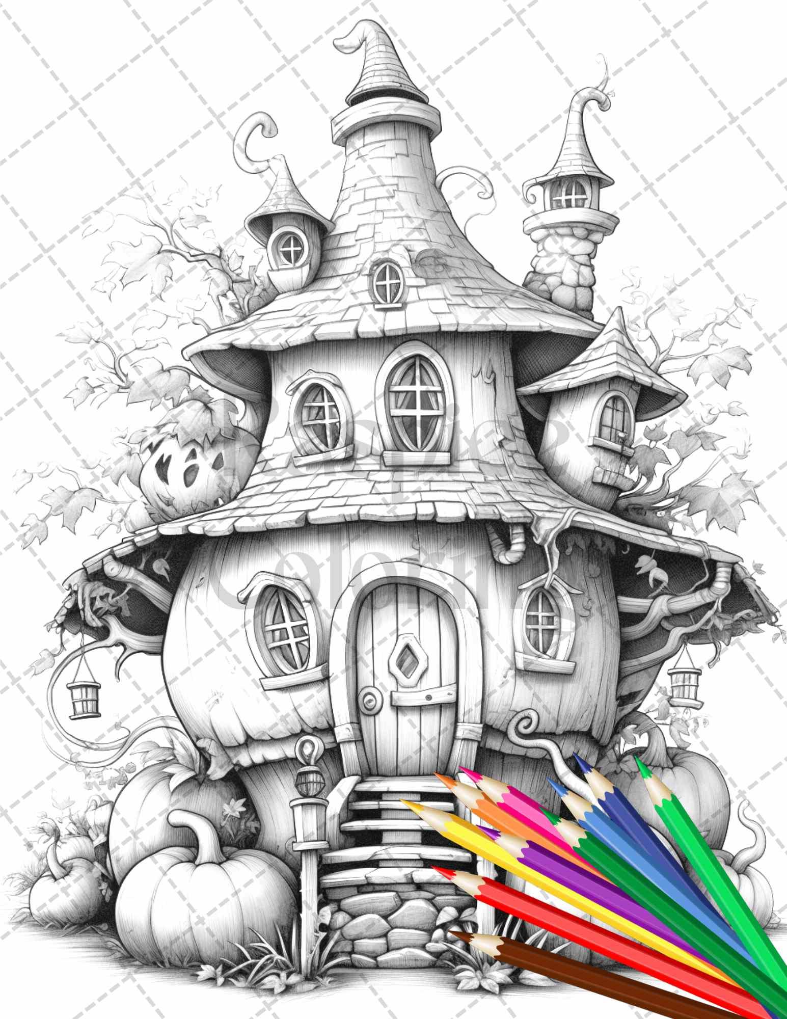 40 Pumpkin Fairy Houses Grayscale Coloring Pages Printable for Adults, PDF File Instant Download