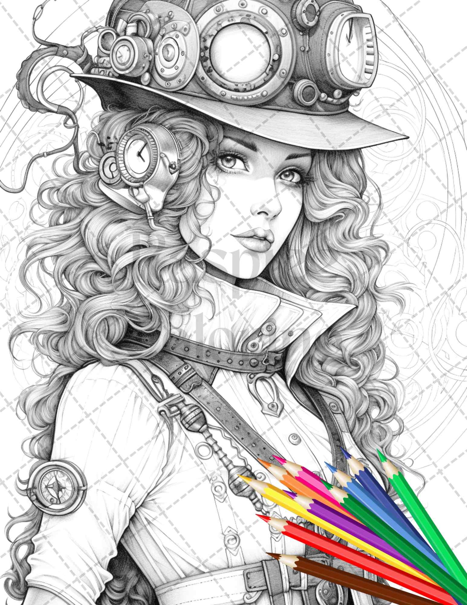 40 Steampunk Ladies Grayscale Coloring Pages Printable for Adults, PDF File Instant Download