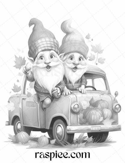 40 Fall Gnomes Grayscale Coloring Pages Printable for Adults Kids, PDF File Instant Download