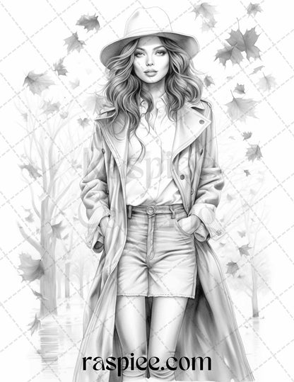 40 Fall Fashion Grayscale Coloring Pages for Adults, Printable PDF File Instant Download