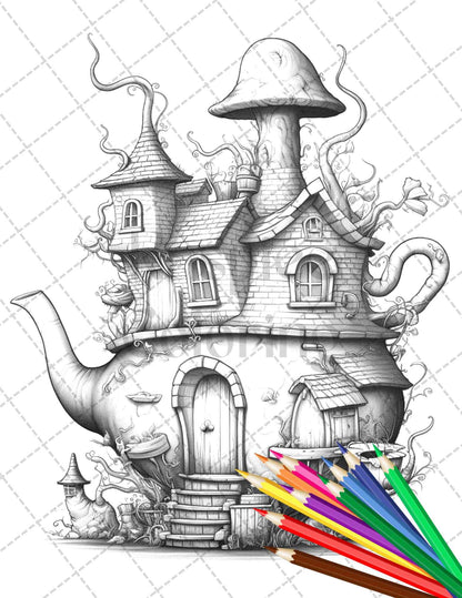 40 Teapot Fairy Houses Grayscale Coloring Pages Printable for Adults, PDF File Instant Download