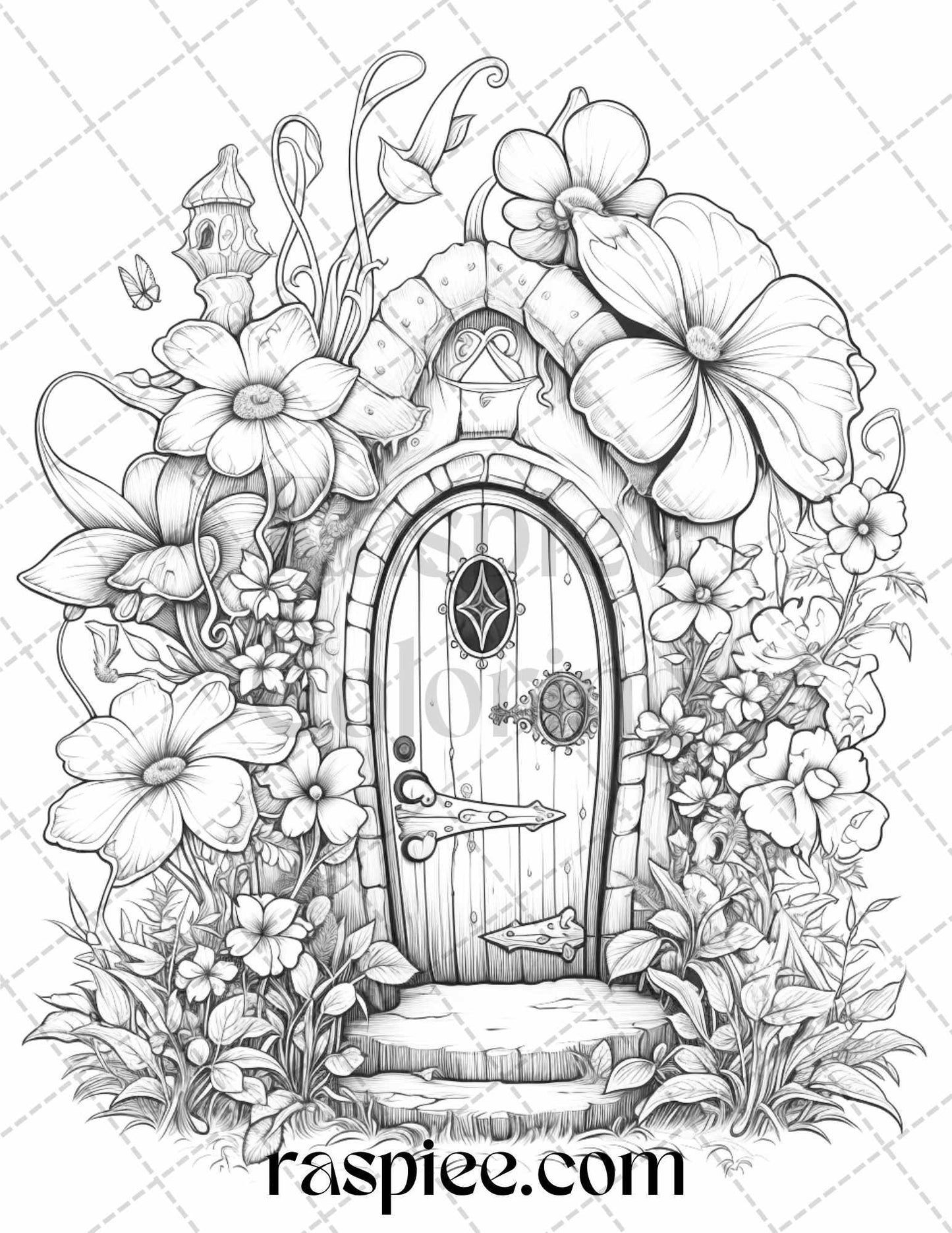 40 Flower Fairy Doors Grayscale Coloring Pages Printable for Adults, PDF File Instant Download