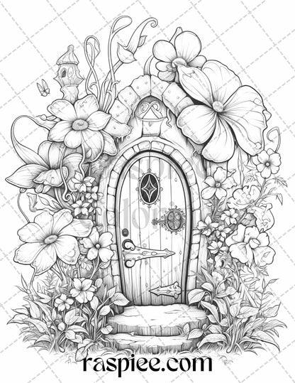 40 Flower Fairy Doors Grayscale Coloring Pages Printable for Adults, PDF File Instant Download