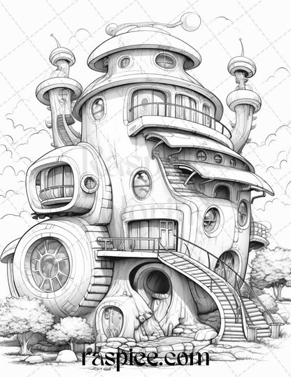 43 Futuristic Houses Grayscale Coloring Pages Printable for Adults, PDF File Instant Download