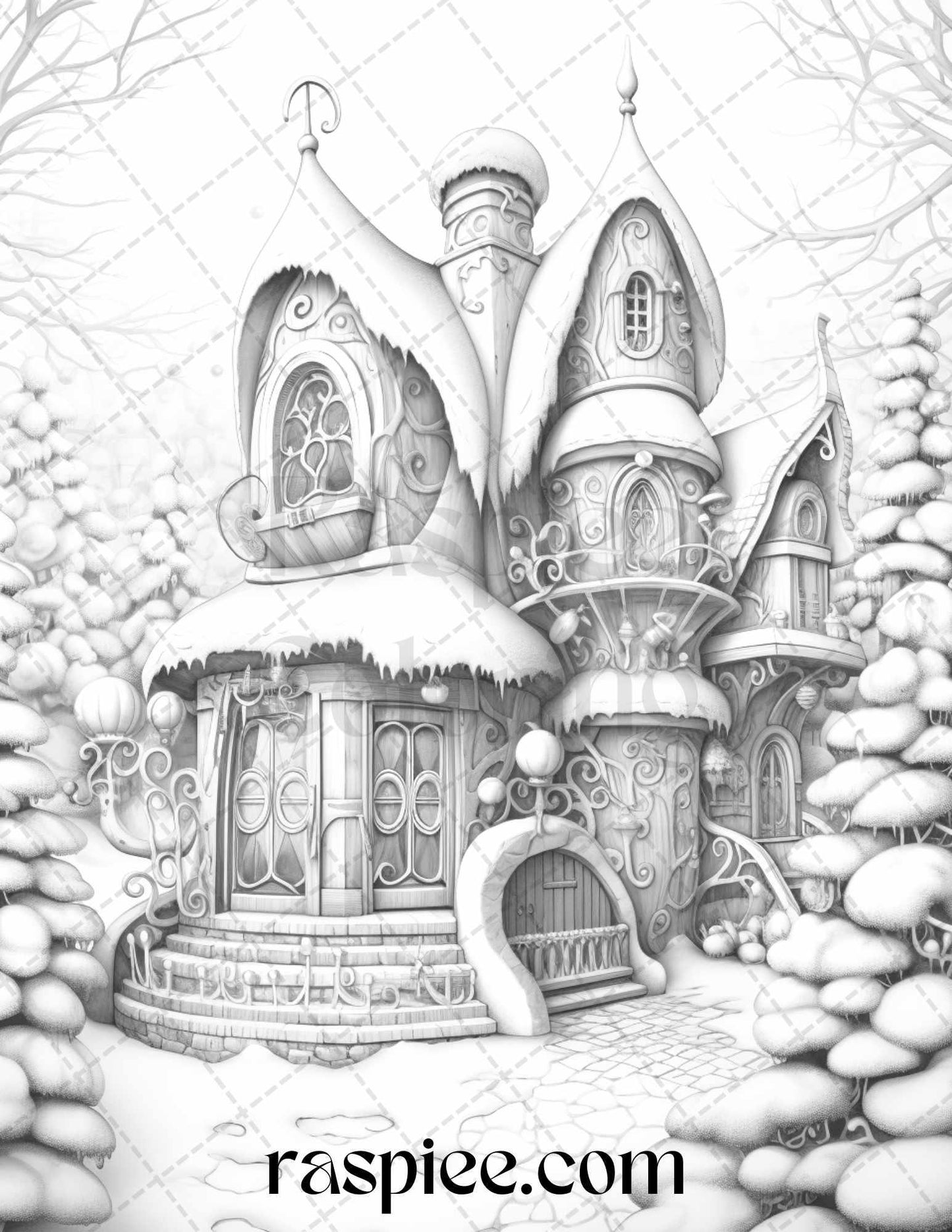 42 Fantasy Christmas Houses Grayscale Coloring Pages Printable for Adults, PDF File Instant Download