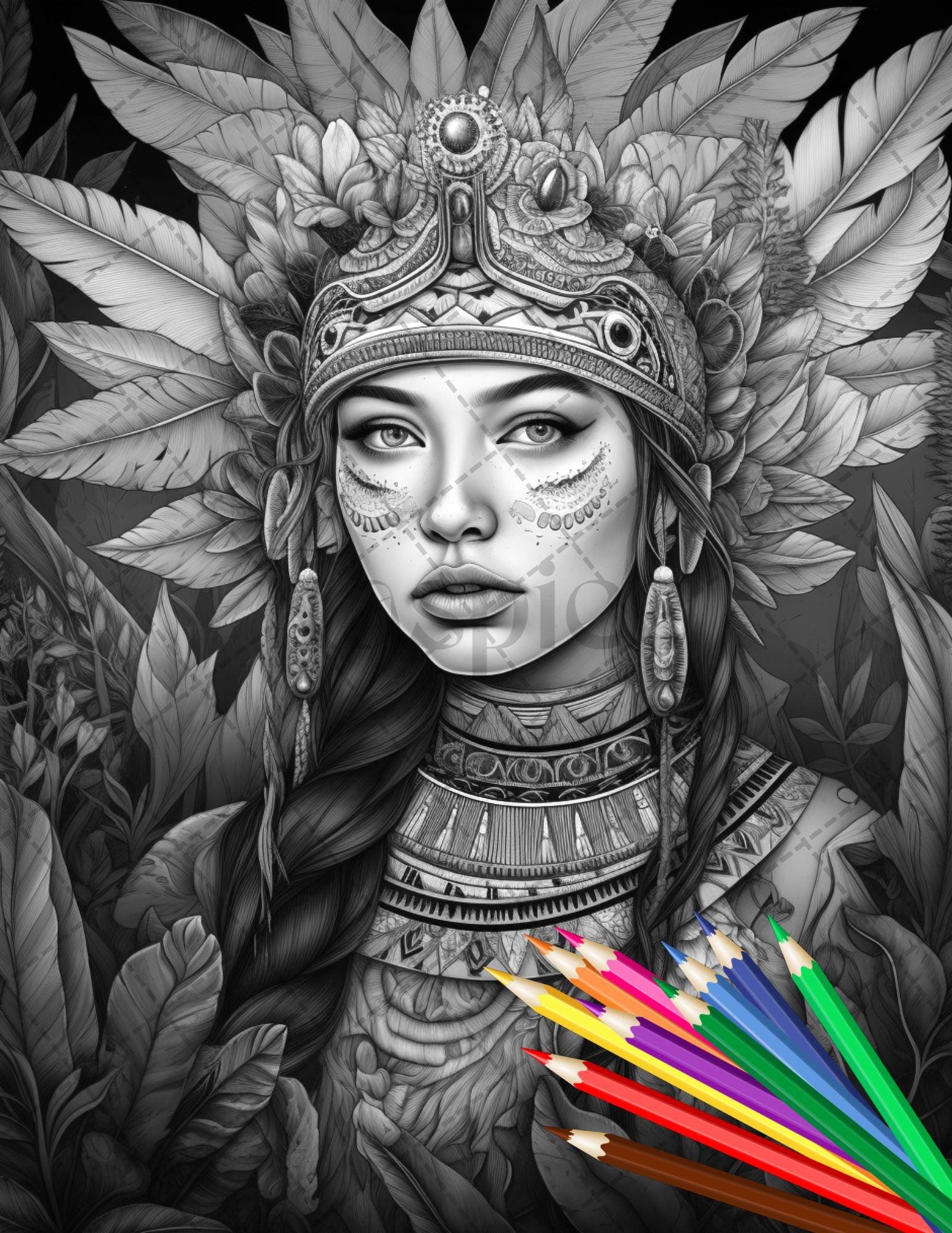 30 Native American Girls Printable Coloring Pages for Adult, Native American Culture Grayscale Coloring Book, Printable PDF File Download