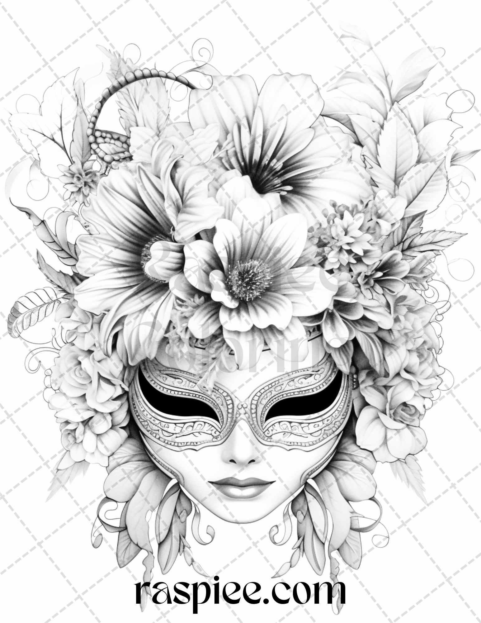 40 Masquerade Masks Grayscale Coloring Pages Printable for Adults, PDF File Instant Download