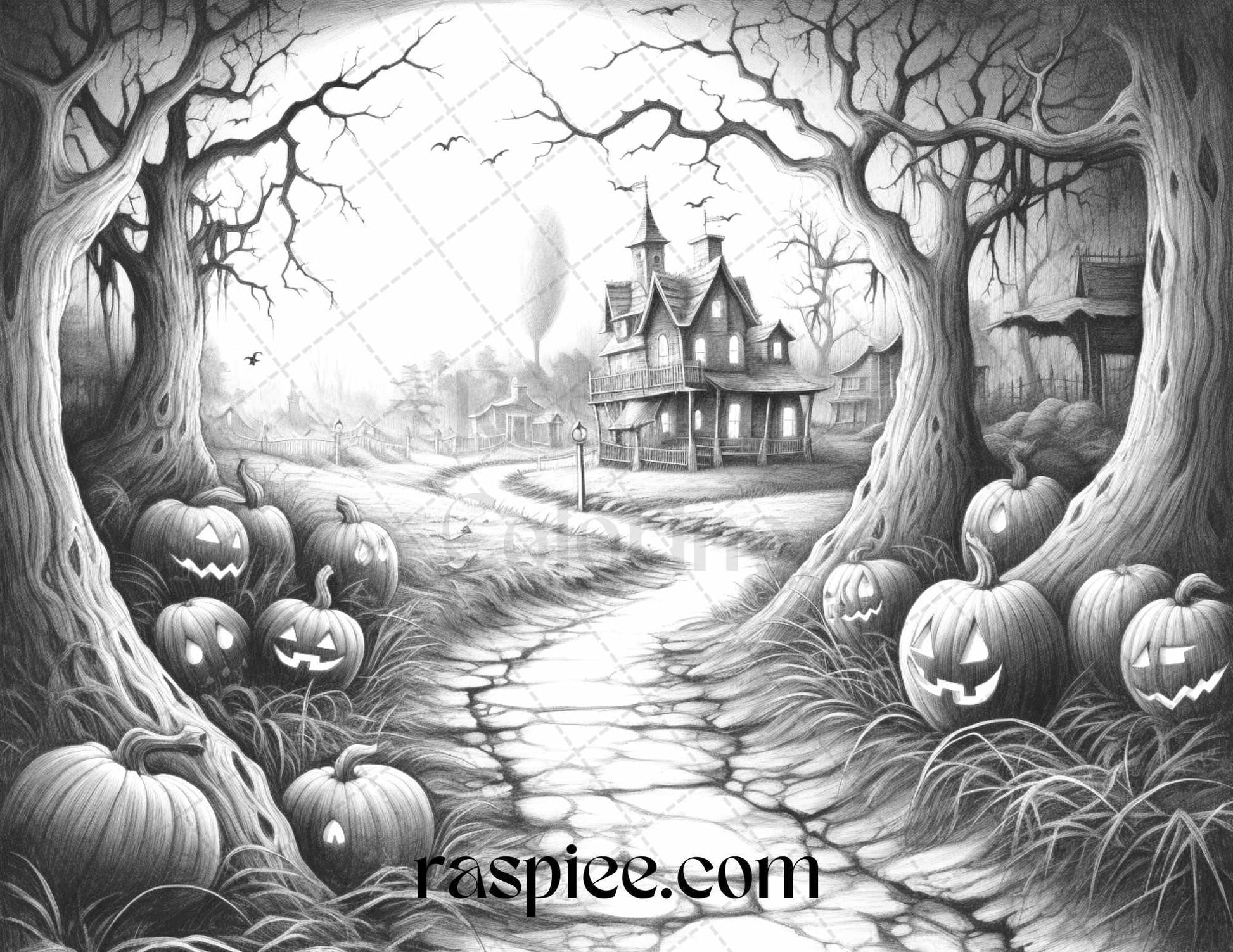 40 Halloween Landscapes Grayscale Coloring Pages Printable for Adults, PDF File Instant Download