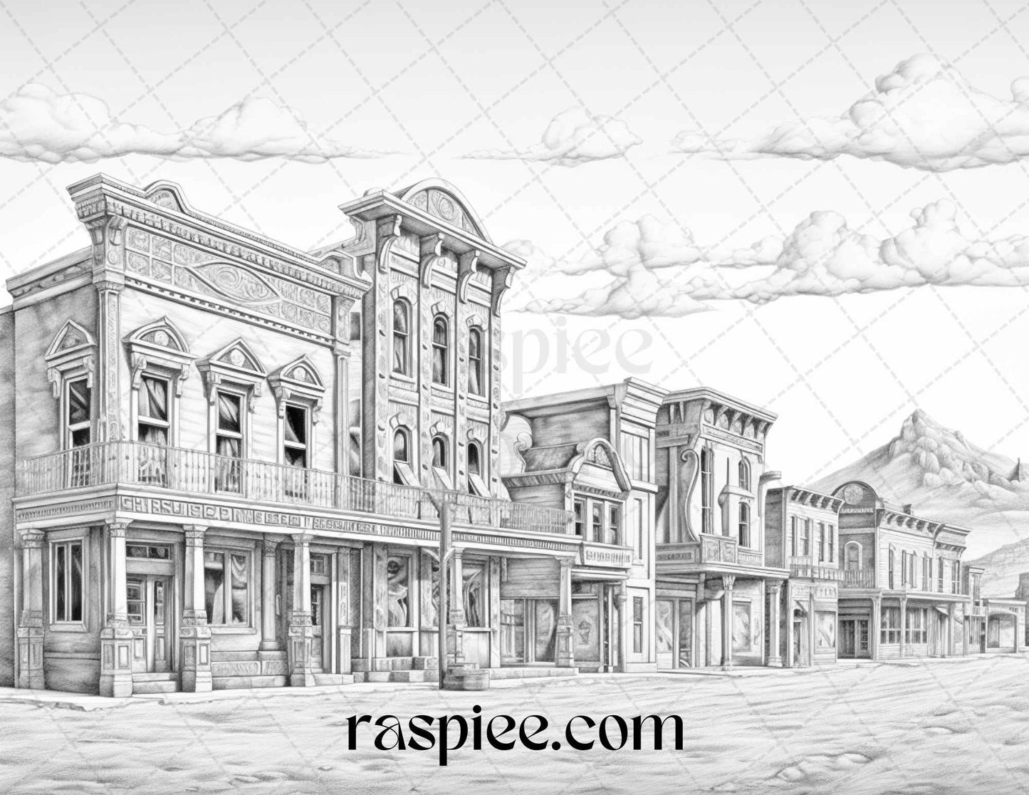 40 Wild West Towns Grayscale Coloring Pages Printable for Adults, PDF File Instant Download