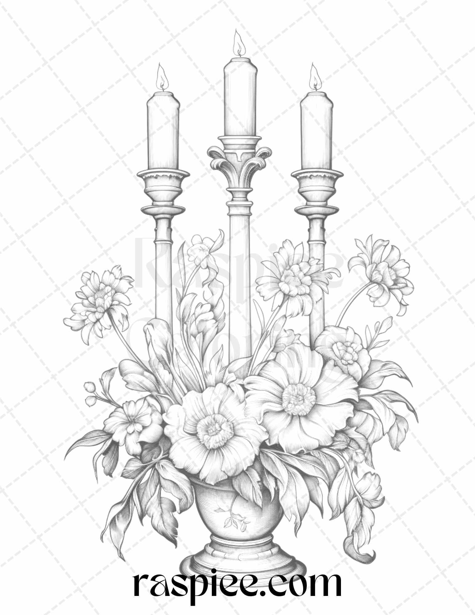 40 Flower Candles Grayscale Coloring Pages Printable for Adults, PDF File Instant Download