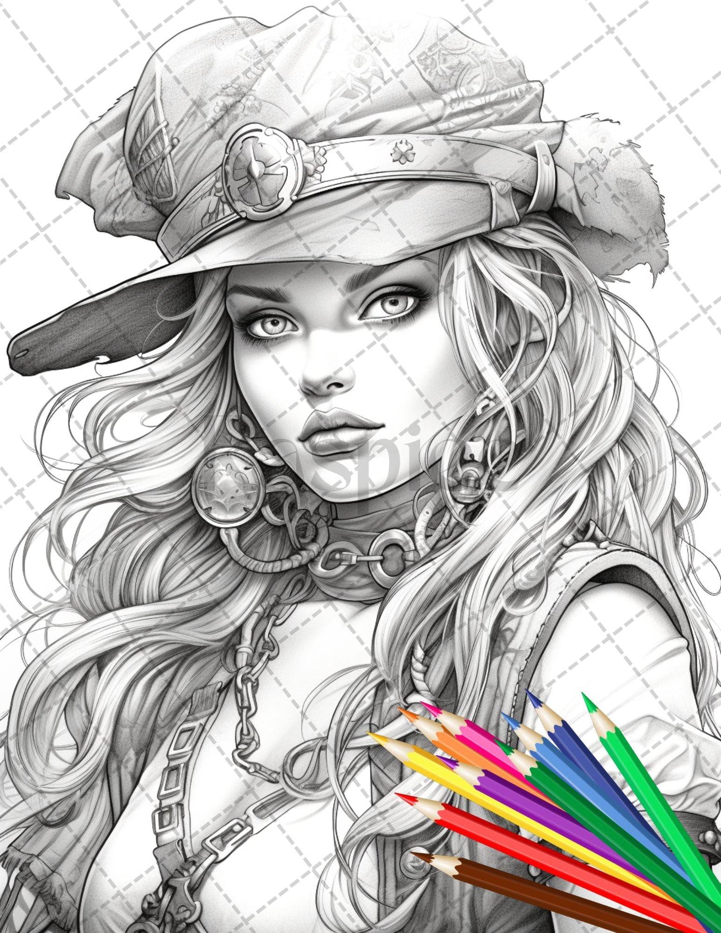 48 Beautiful Pirate Princess Coloring Book Printable for Adults, Grayscale Coloring Page, PDF File Instant Download