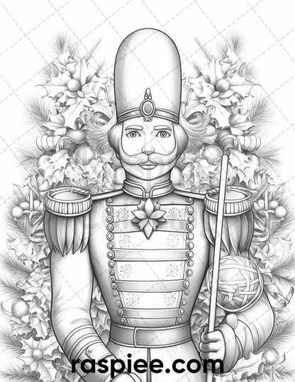 40 Christmas Nutcrackers Grayscale Coloring Pages for Adults, Printable PDF File Instant Download