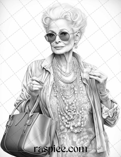 40 Fashionista Grandma Grayscale Coloring Pages Printable for Adults, PDF File Instant Download