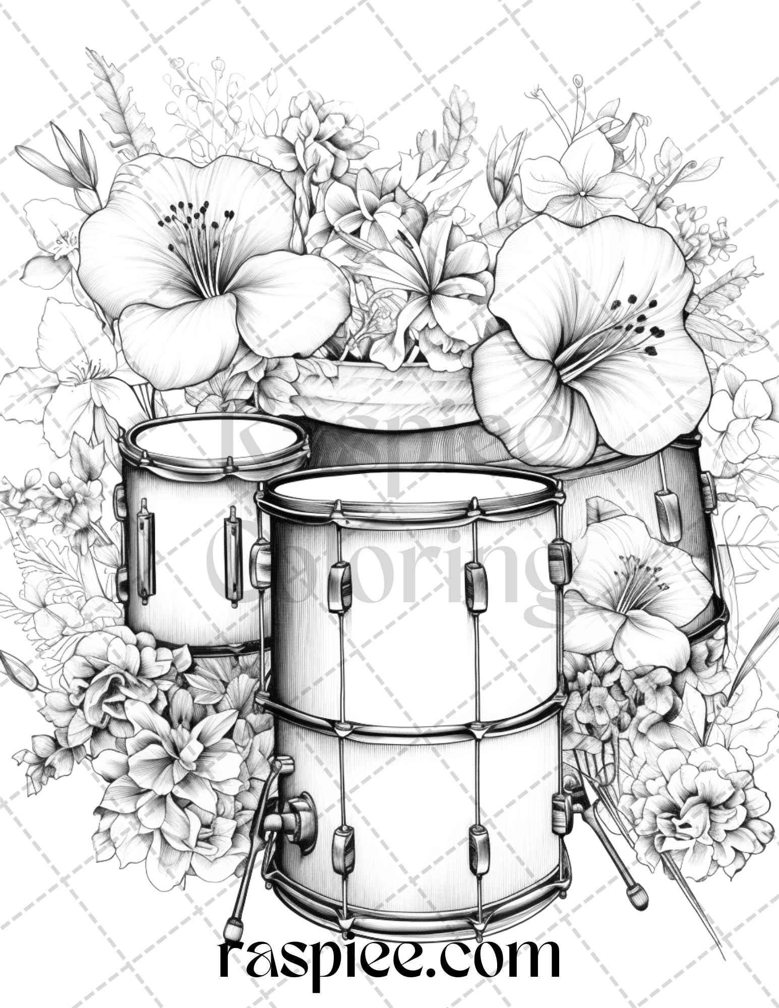 30 Musical Instrument Flower Grayscale Coloring Pages Printable for Adults, PDF File Instant Download