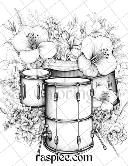 30 Musical Instrument Flower Grayscale Coloring Pages Printable for Adults, PDF File Instant Download